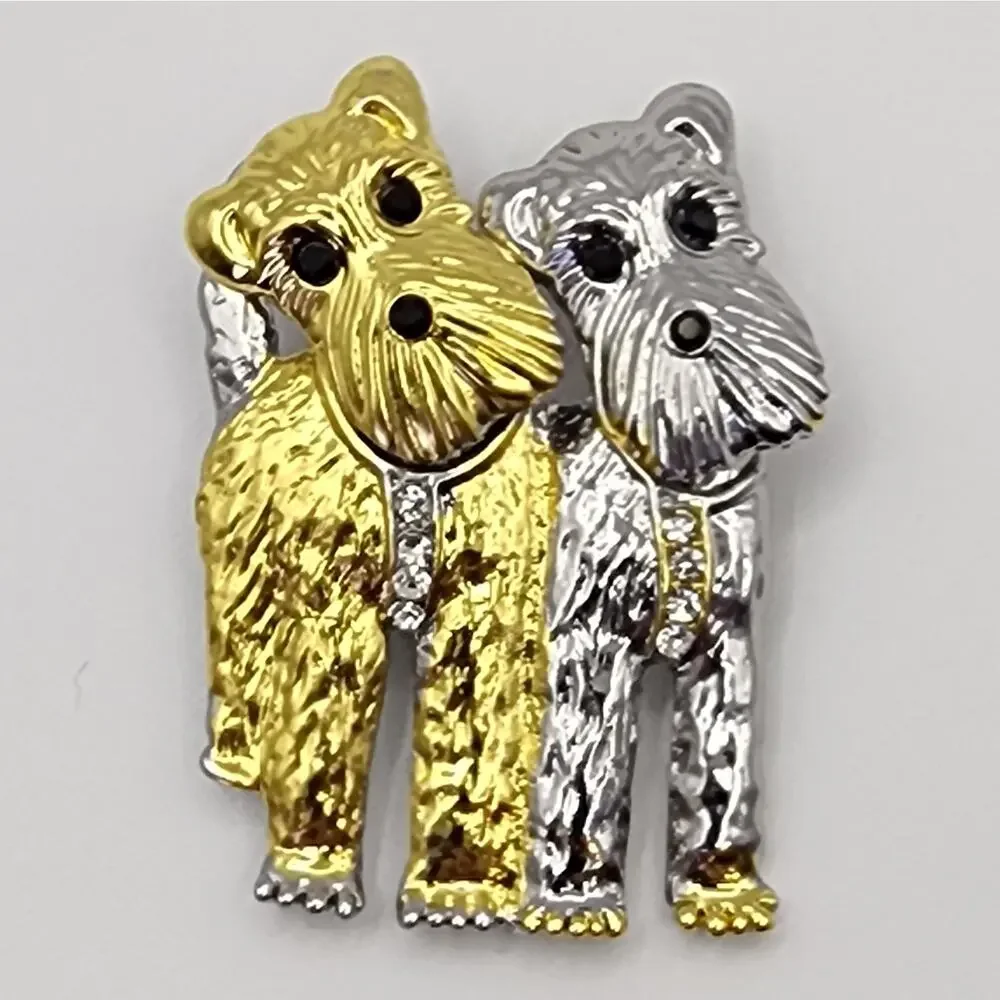 Schnauzer Dog Brooch Moving Heads Gold Tone & Silver Tone Metal Rhinestone Trim